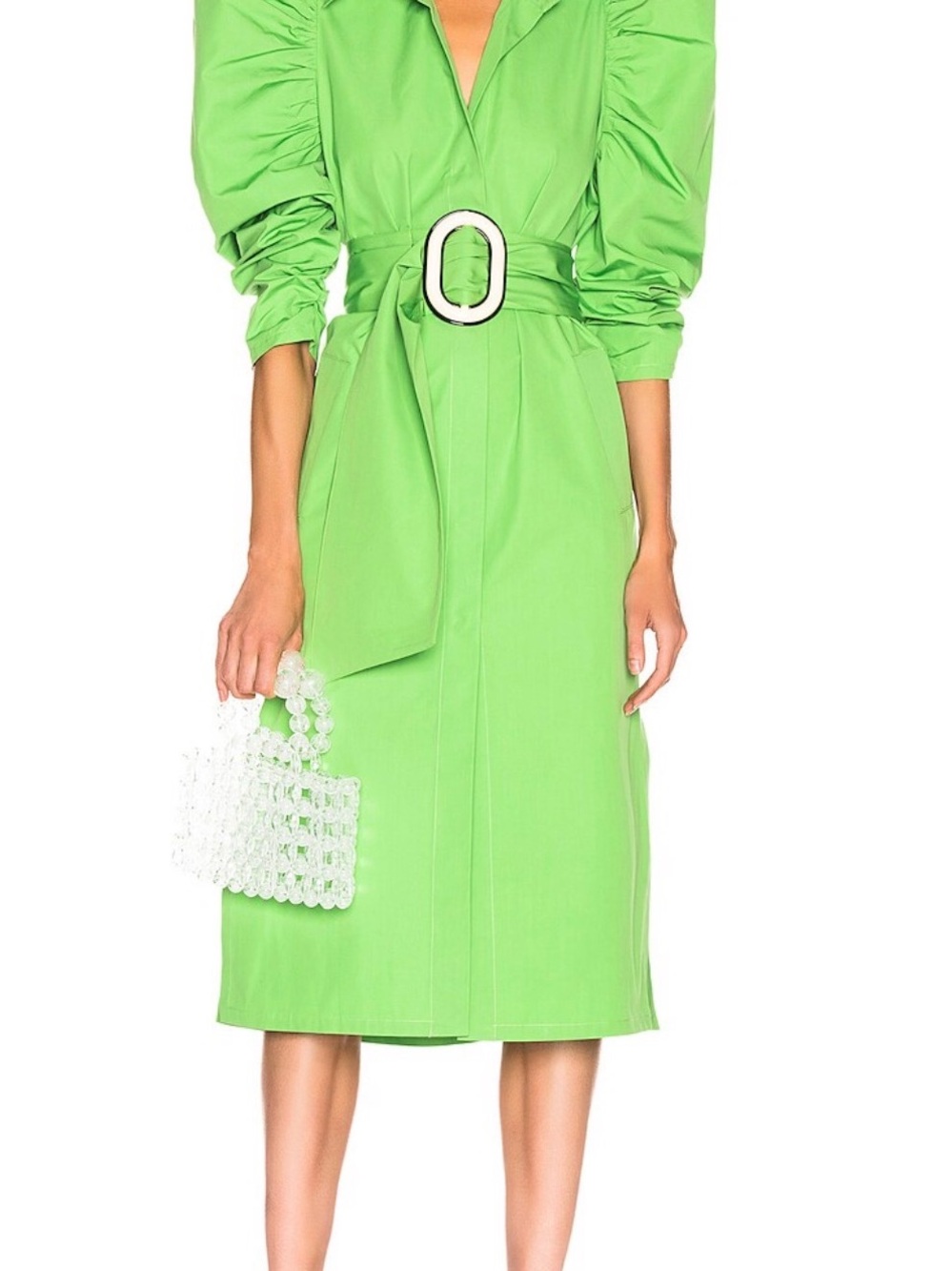 Silvia Tcherassi Lime Green Puff-Sleeve Midi Dress with Buckle Belt
